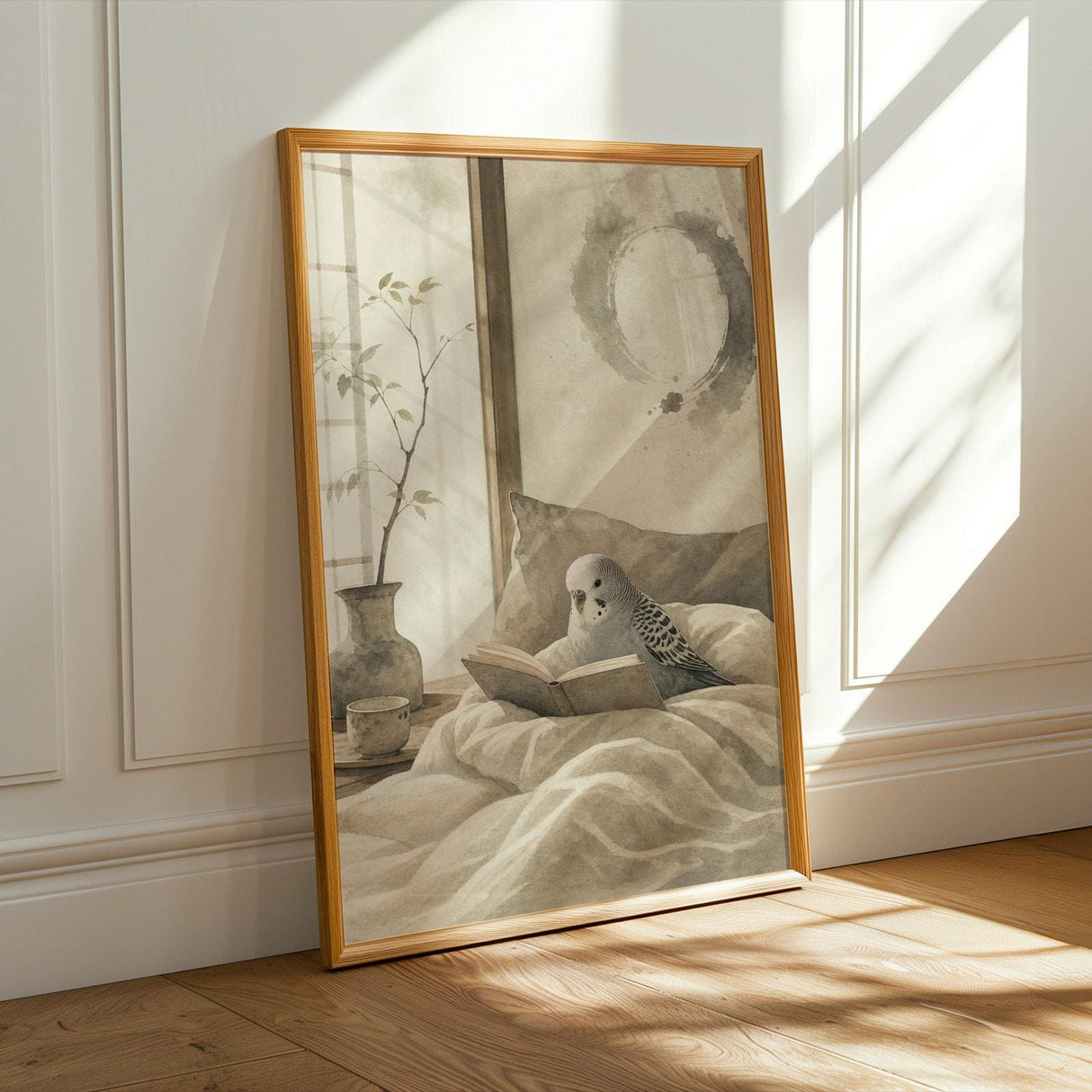 Product presentation view of Budgerigar Reading in Bed Poster.