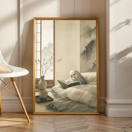 Product view of English Budgerigar Reading in Bed Poster.