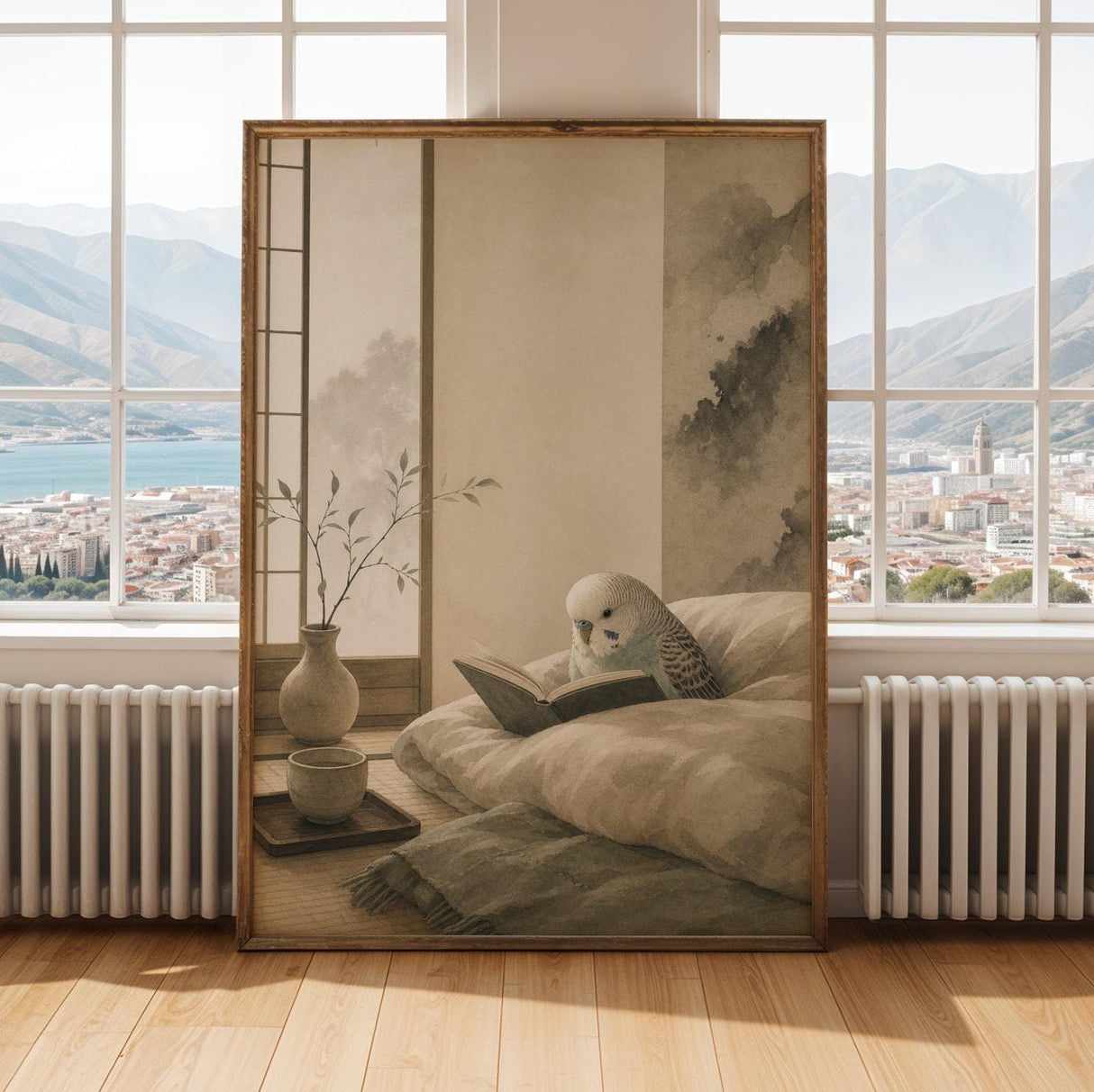 Alternate gallery view of English Budgerigar Reading in Bed Poster.