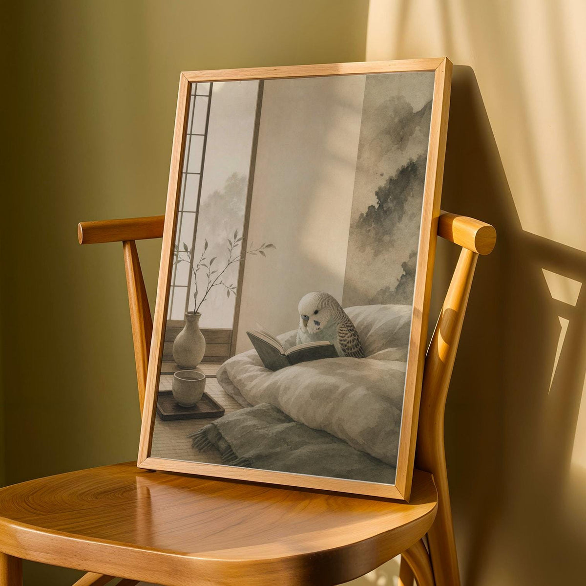Product detail view of English Budgerigar Reading in Bed Poster.