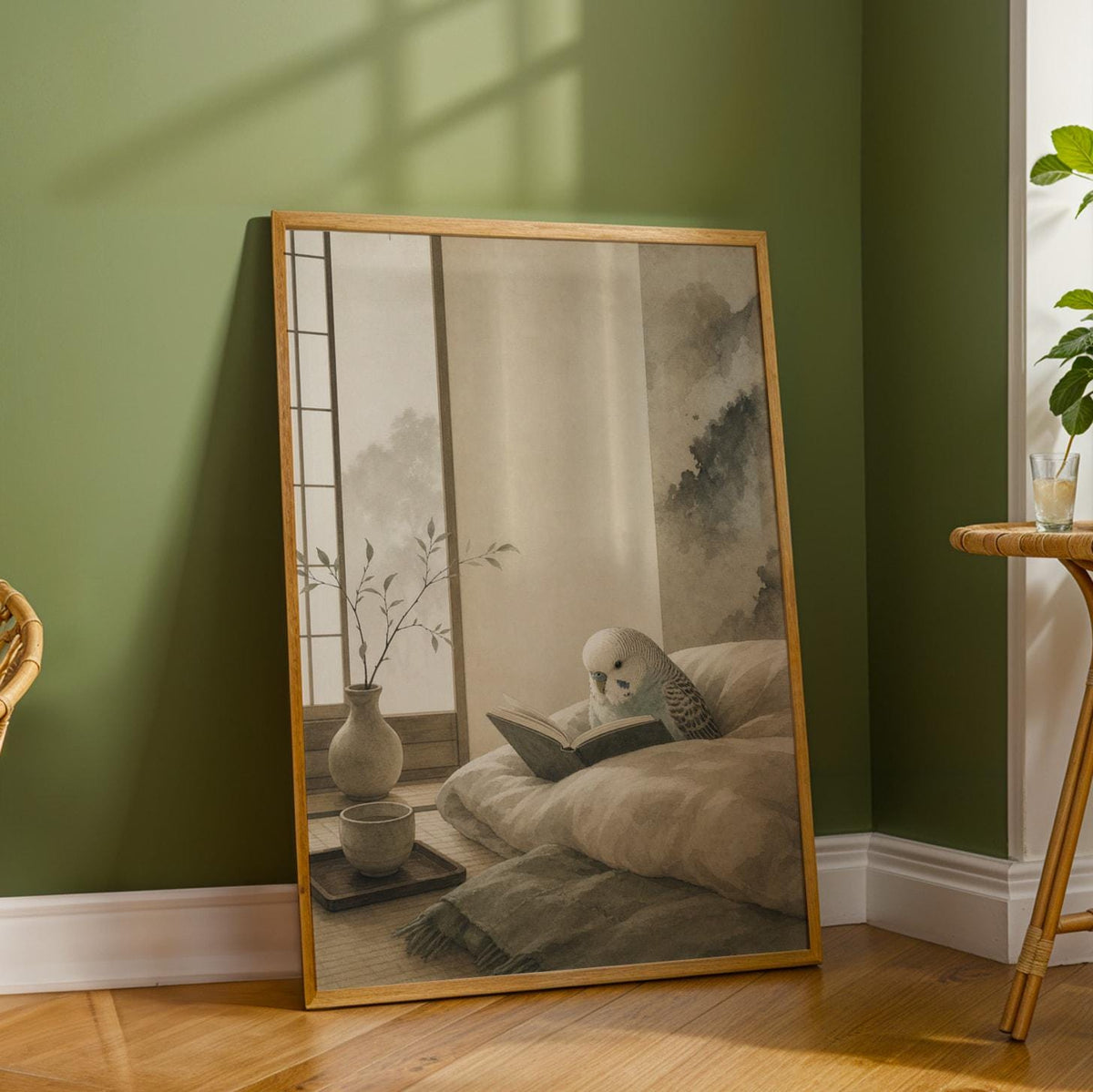 Additional product detail of English Budgerigar Reading in Bed Poster.