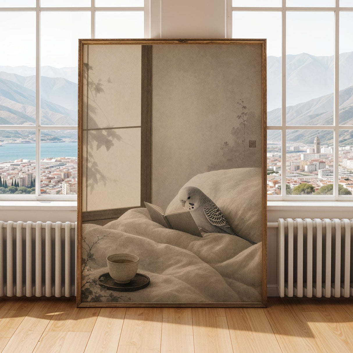 Alternate gallery view of Silver Budgerigar Reading in Bed Poster.