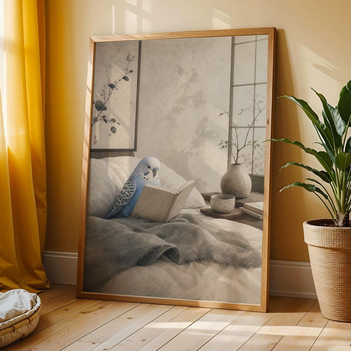 Additional product view of Pastel Blue Budgerigar Reading in Bed Poster.