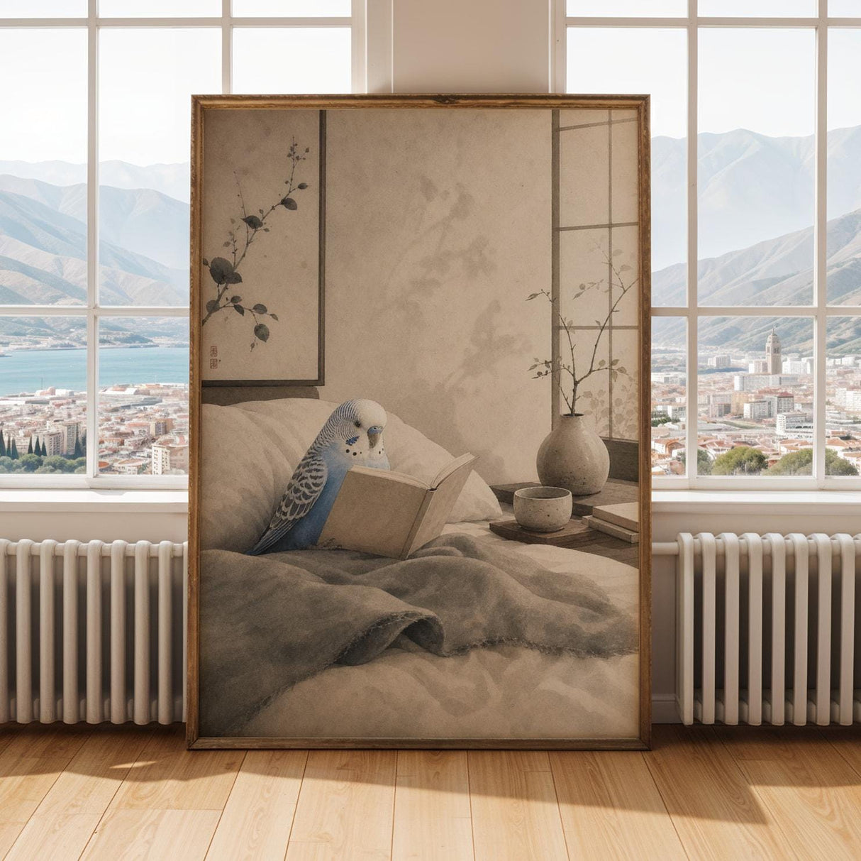 Alternate gallery view of Pastel Blue Budgerigar Reading in Bed Poster.