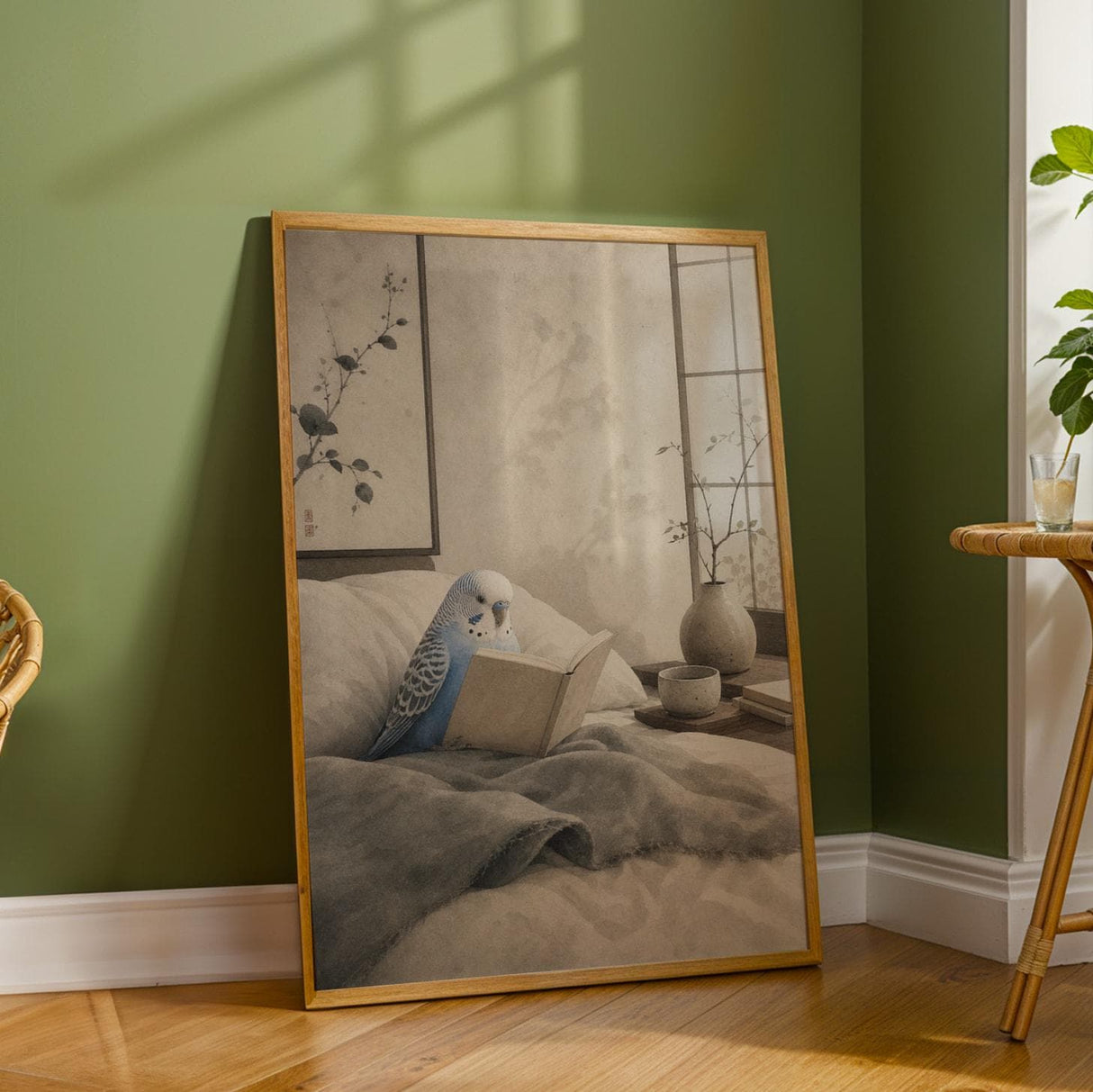 Additional product detail of Pastel Blue Budgerigar Reading in Bed Poster.