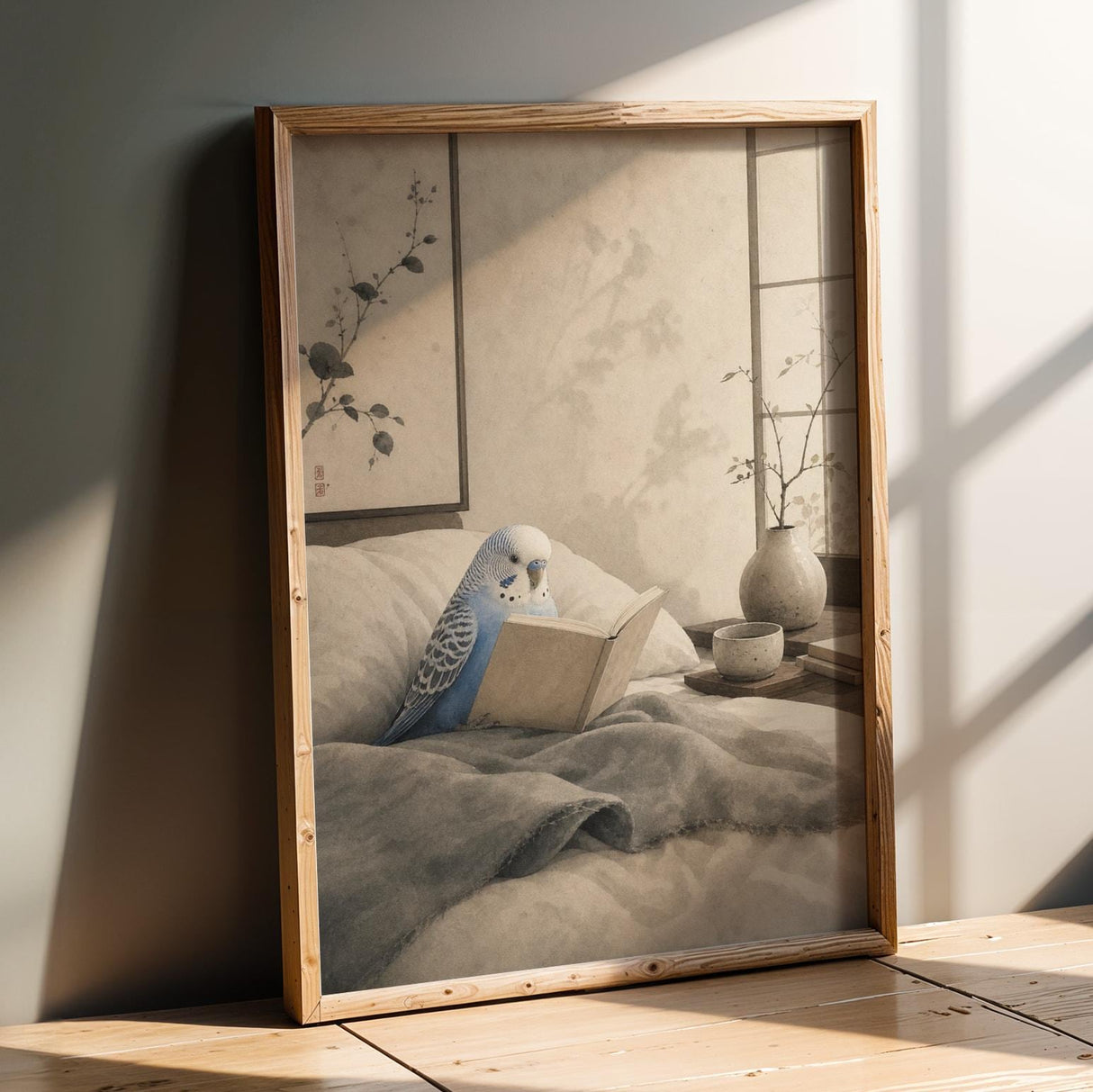 Product presentation view of Pastel Blue Budgerigar Reading in Bed Poster.