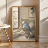 Light Blue Budgerigar Reading in Bed Poster shown in a room setting.