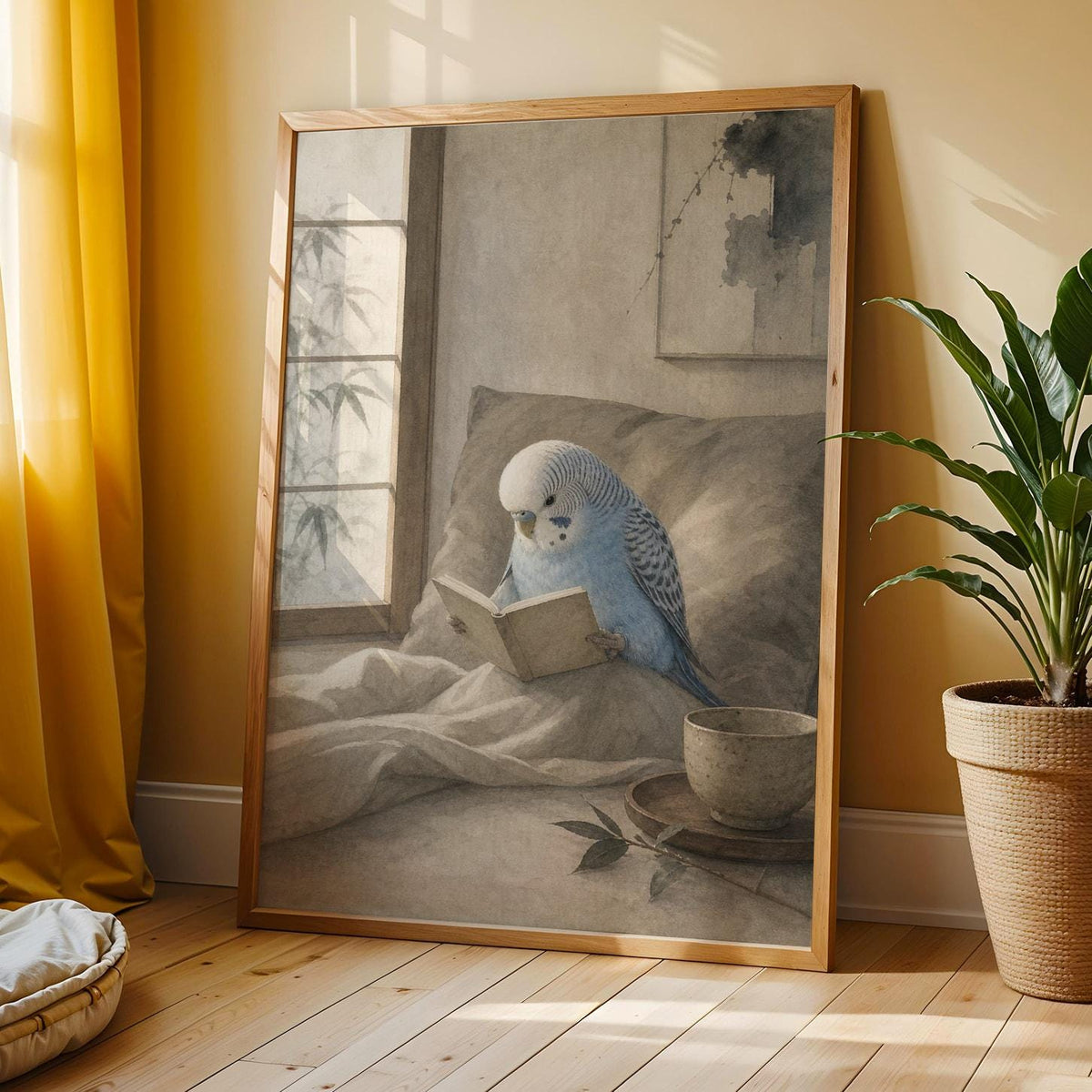 Additional product view of Light Blue Budgerigar Reading in Bed Poster.