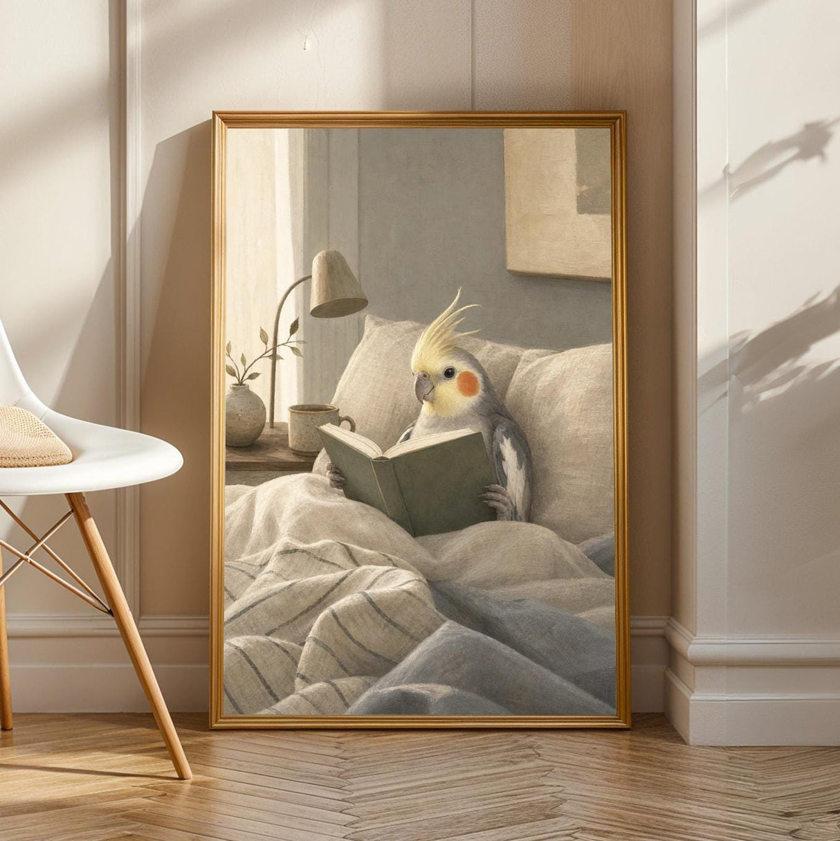 Product view of Cockatiel Reading in Bed Poster.