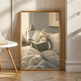 Product view of Cockatiel Reading in Bed Poster.