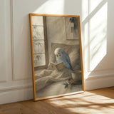 Alternate product presentation of Light Blue Budgerigar Reading in Bed Poster.