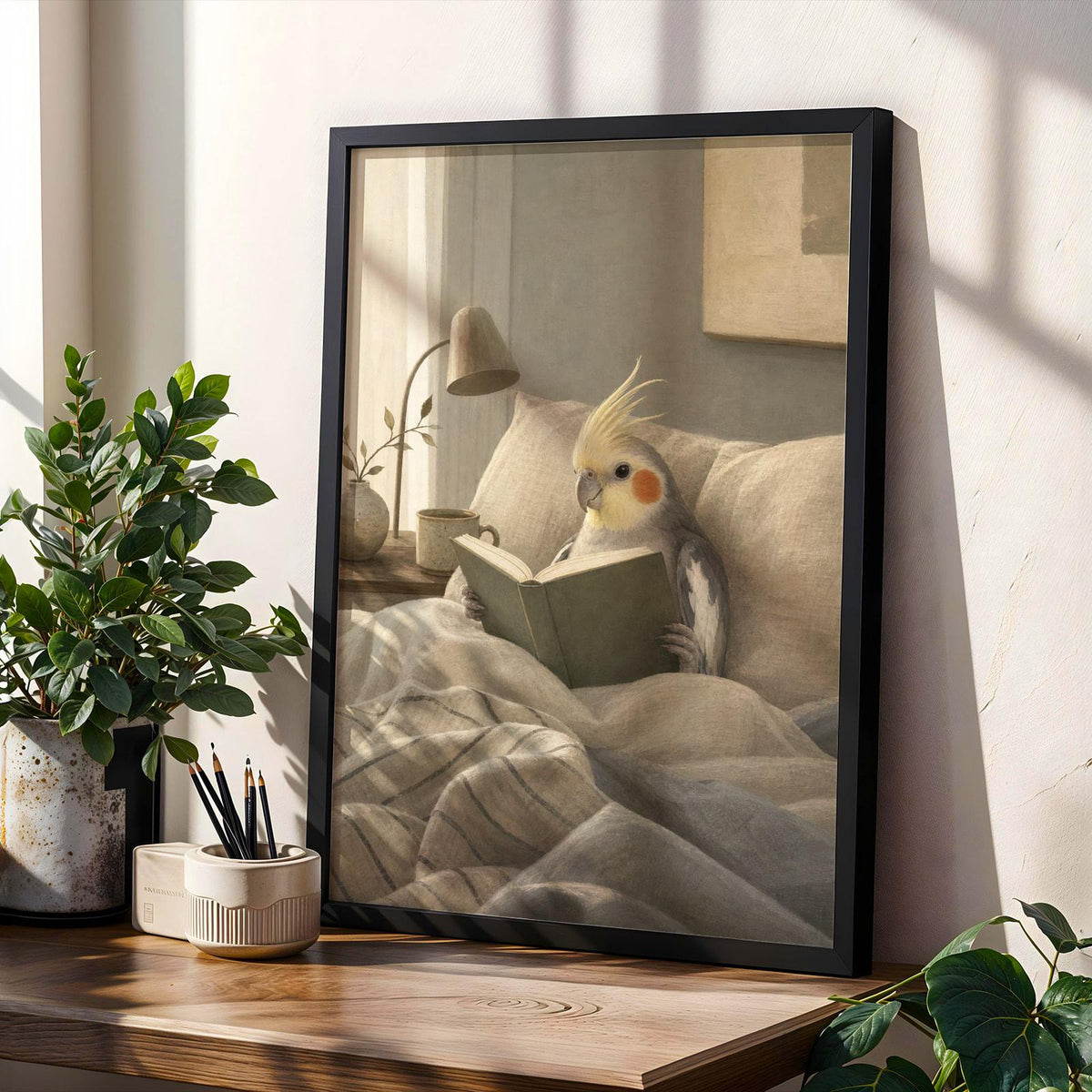 Product gallery view of Cockatiel Reading in Bed Poster.