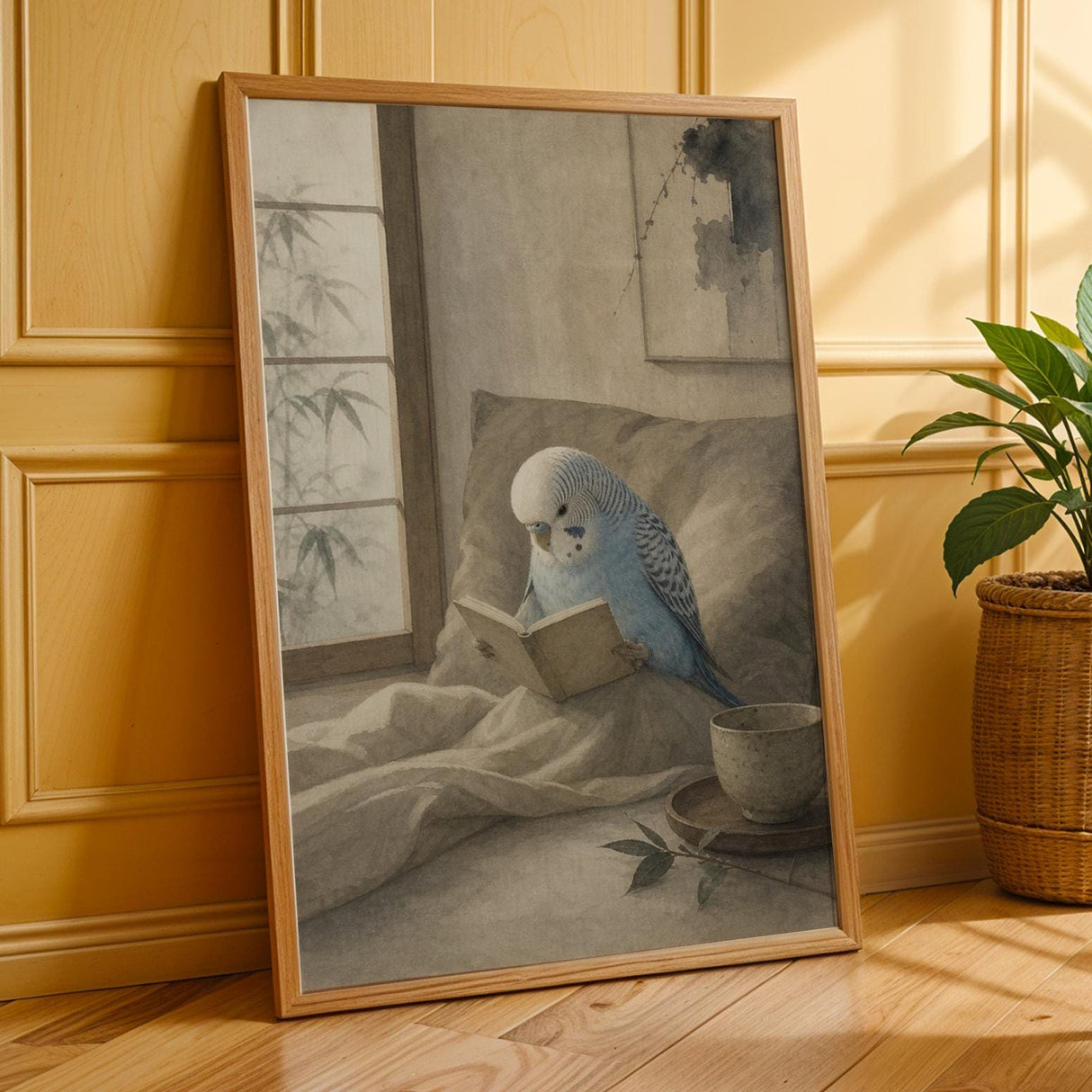 Additional product presentation of Light Blue Budgerigar Reading in Bed Poster.