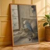 Additional product presentation of Light Blue Budgerigar Reading in Bed Poster.