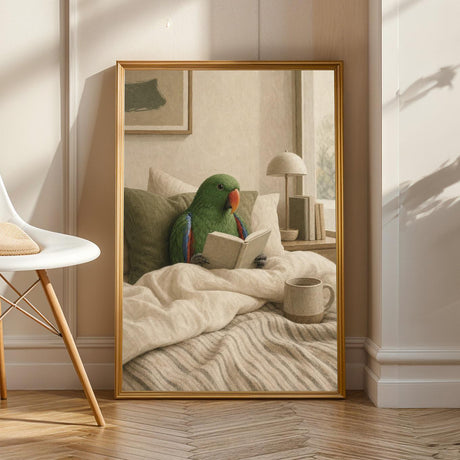 Product view of Silver Budgerigar Reading in Bed Poster.