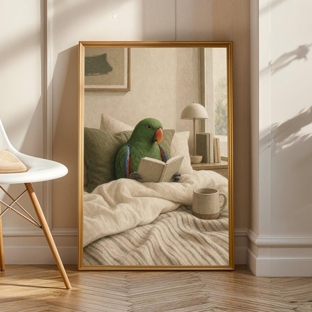 Product view of Silver Budgerigar Reading in Bed Poster.