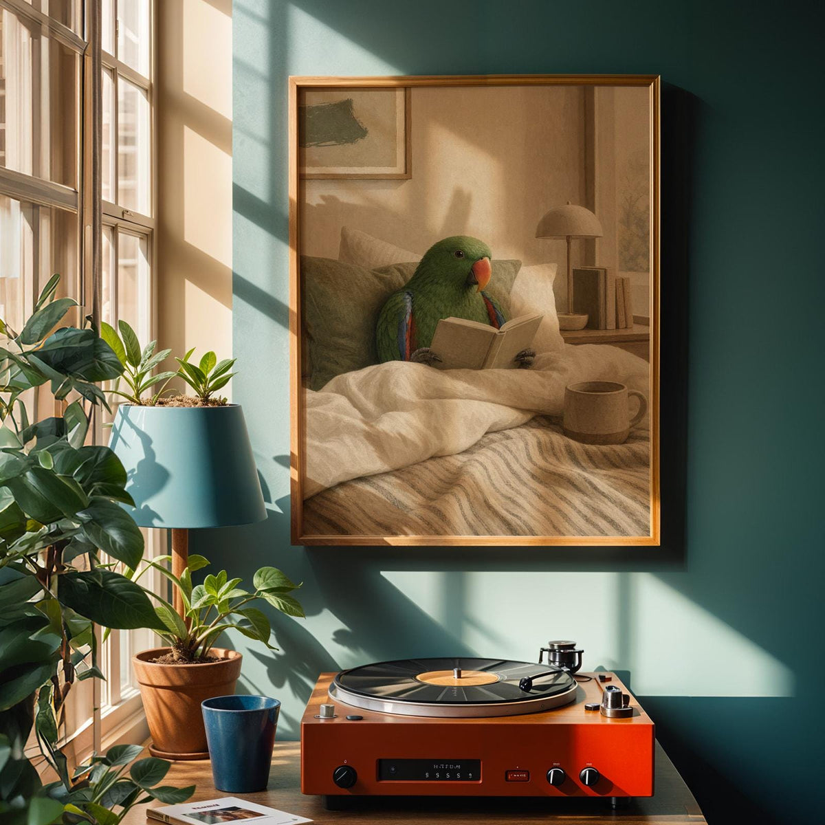 Alternate product view of Silver Budgerigar Reading in Bed Poster.