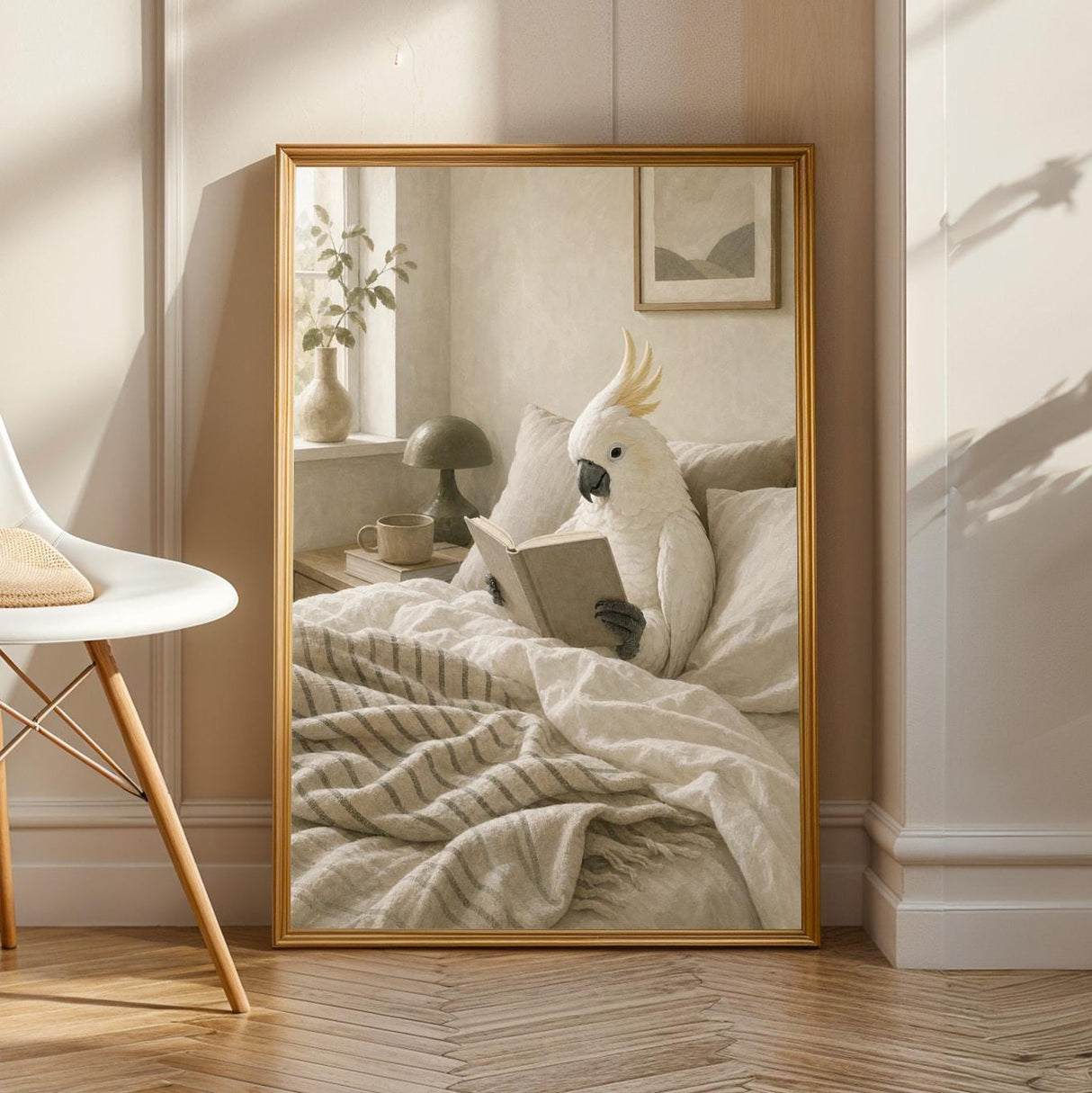 Product view of White Cockatoo Reading in Bed Poster.