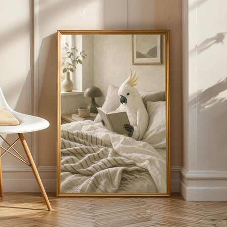 Product view of White Cockatoo Reading in Bed Poster.