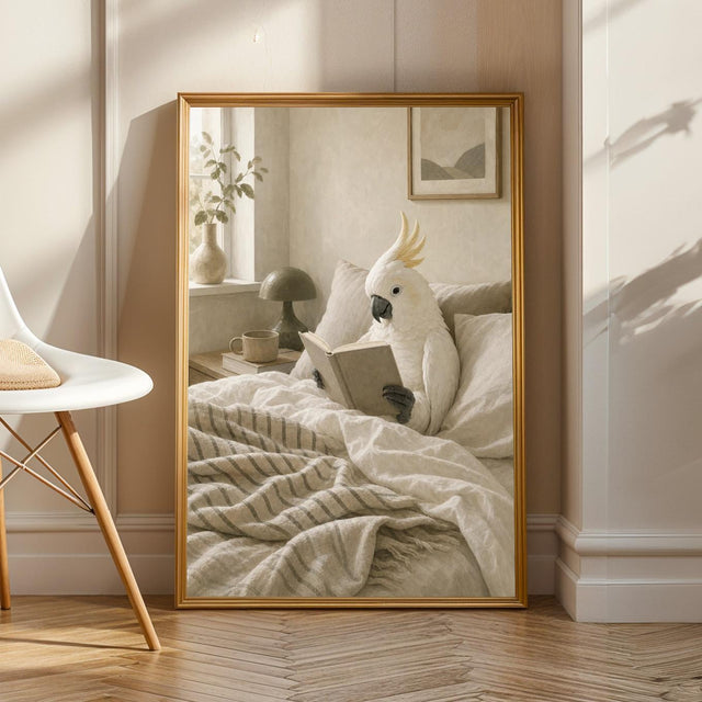 Product view of White Cockatoo Reading in Bed Poster.