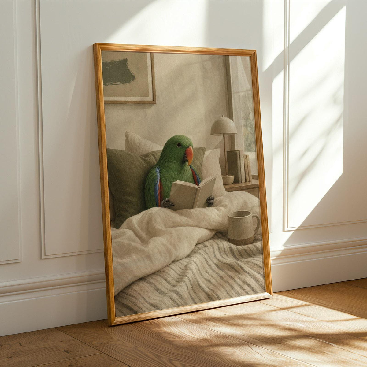 Alternate product presentation of Silver Budgerigar Reading in Bed Poster.