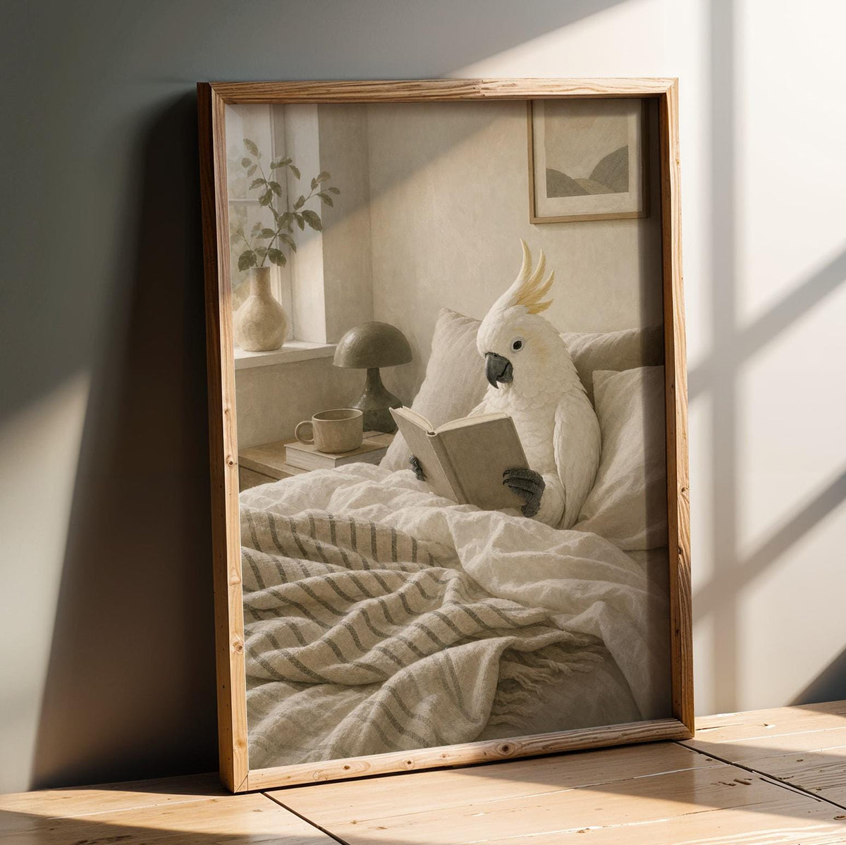 Product presentation view of White Cockatoo Reading in Bed Poster.