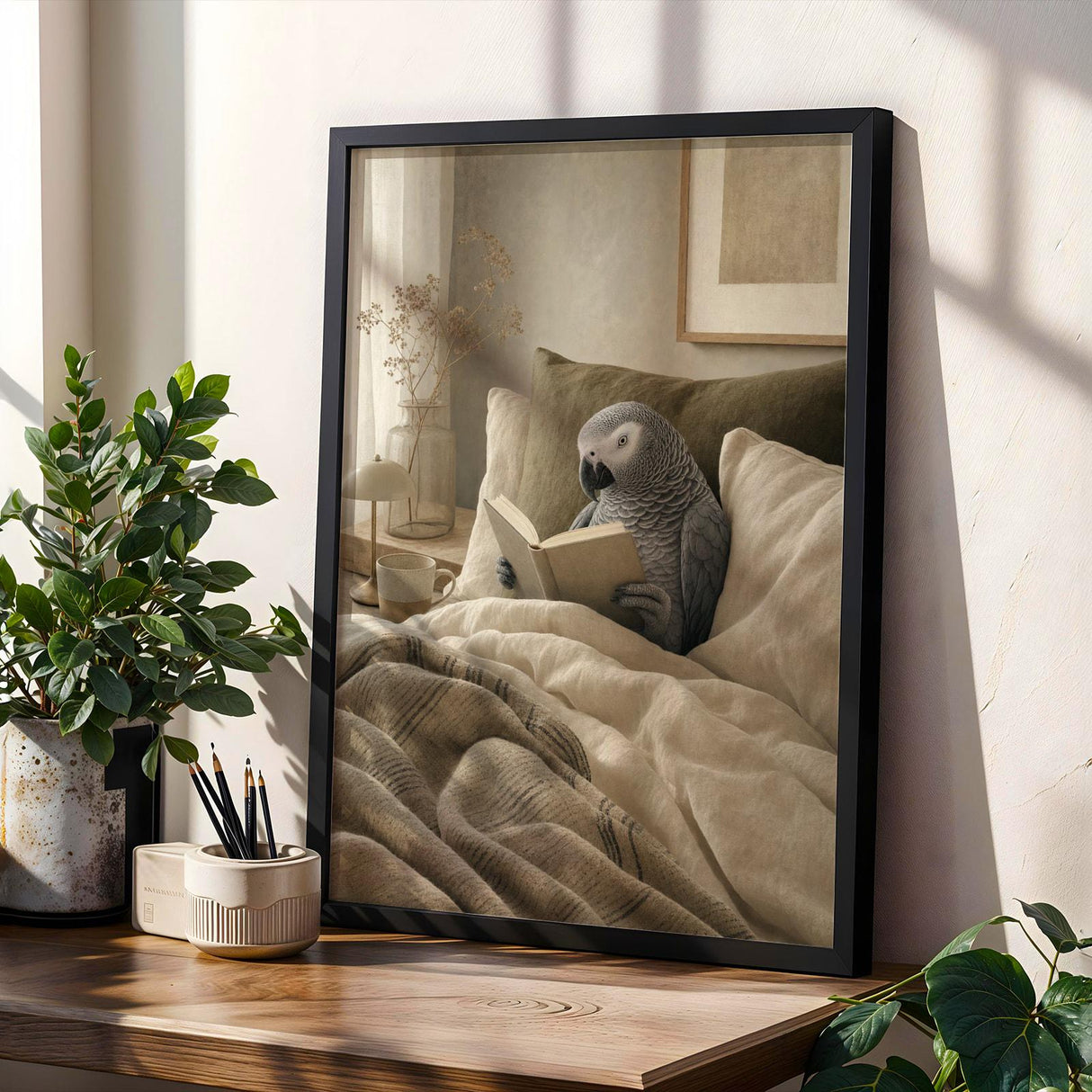 Product gallery view of African Grey Parrot Reading in Bed Poster.