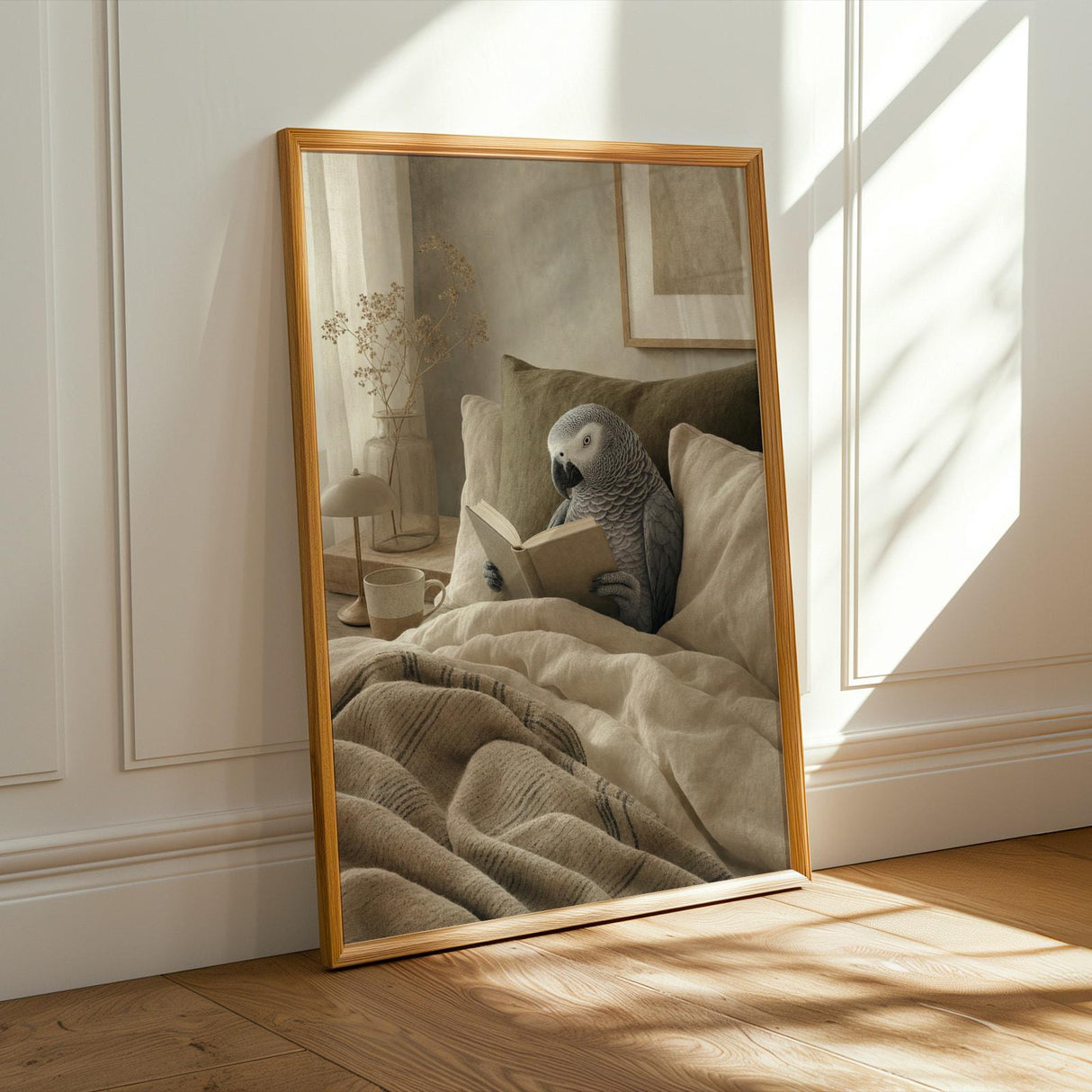 Alternate product presentation of African Grey Parrot Reading in Bed Poster.