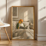 Product view of White Bellied Caique Reading in Bed Poster.