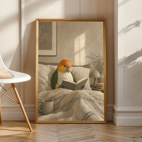 Product view of White Bellied Caique Reading in Bed Poster.