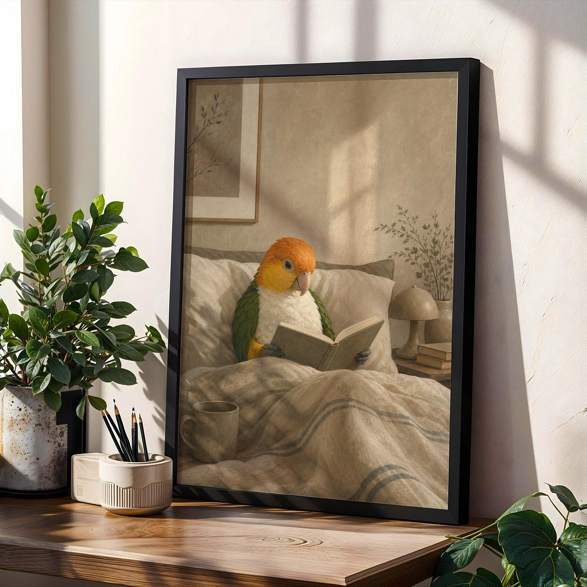 Product gallery view of White Bellied Caique Reading in Bed Poster.