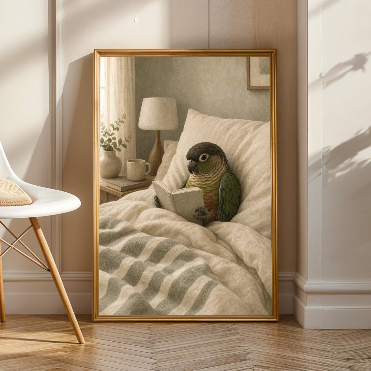 Product view of Dusky Conure Reading in Bed Poster.