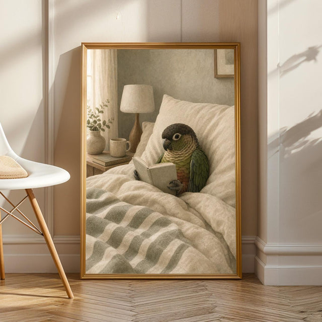Product view of Dusky Conure Reading in Bed Poster.