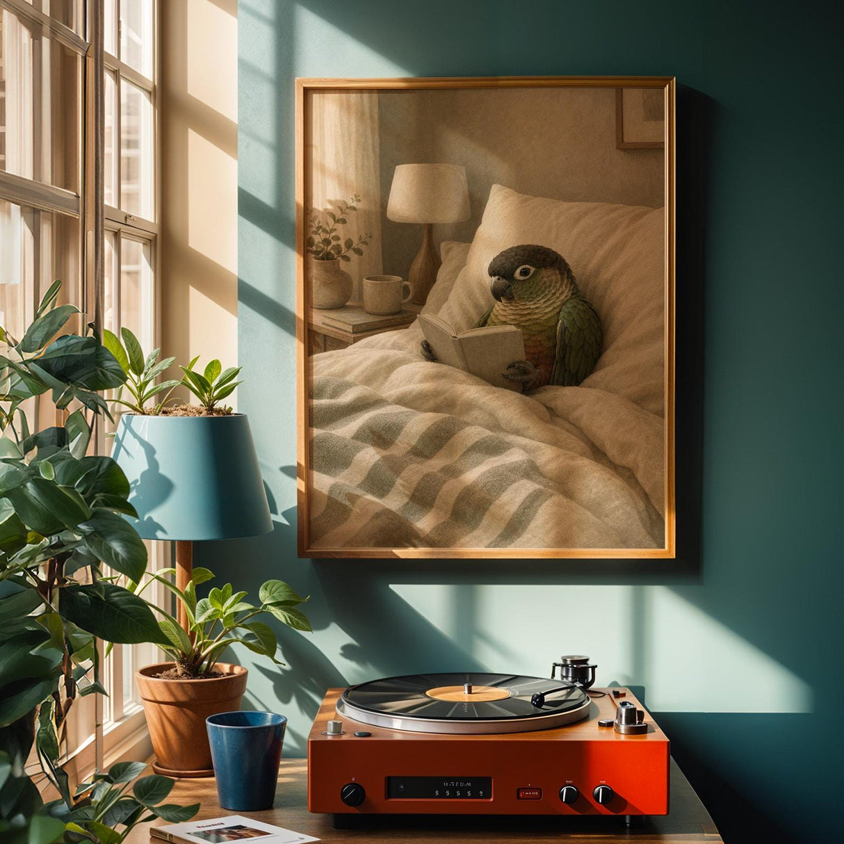 Alternate product view of Dusky Conure Reading in Bed Poster.