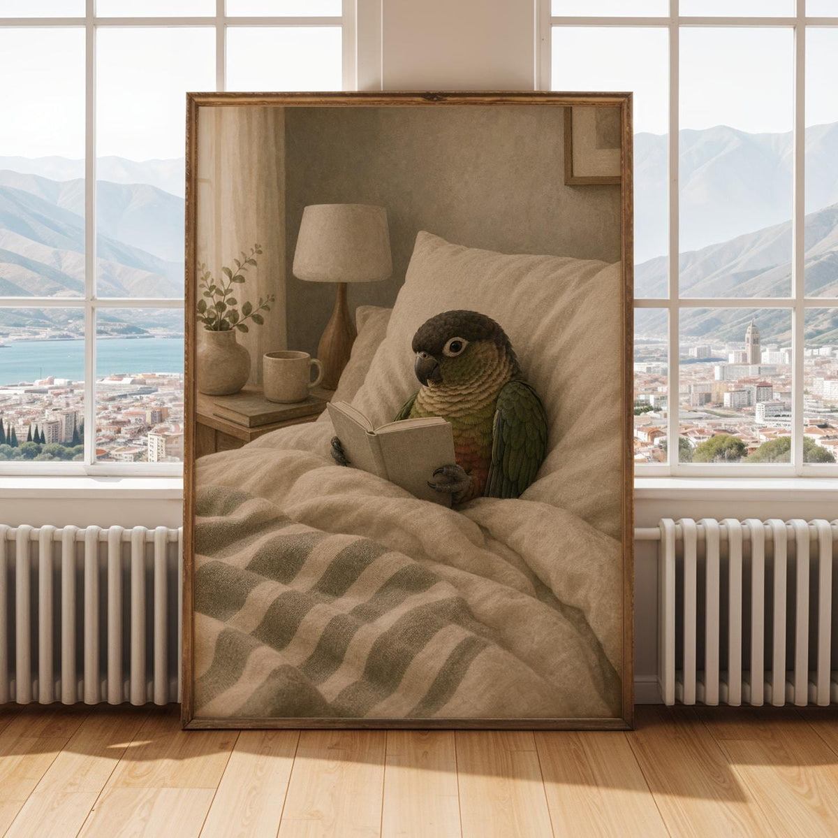 Alternate gallery view of Dusky Conure Reading in Bed Poster.