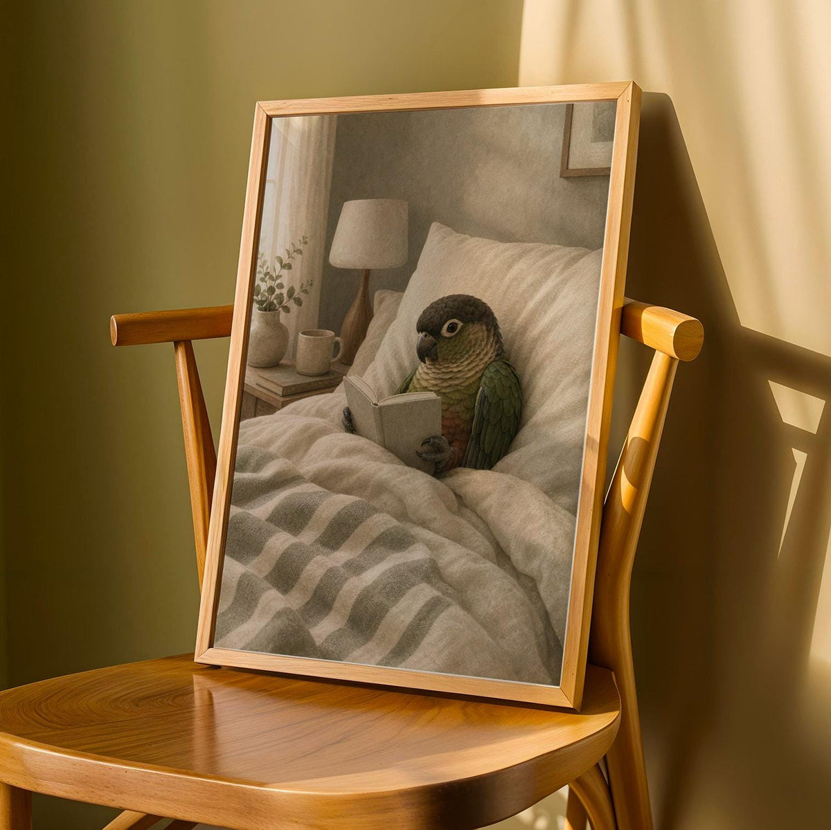 Product detail view of Dusky Conure Reading in Bed Poster.