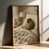 Product presentation view of Dusky Conure Reading in Bed Poster.