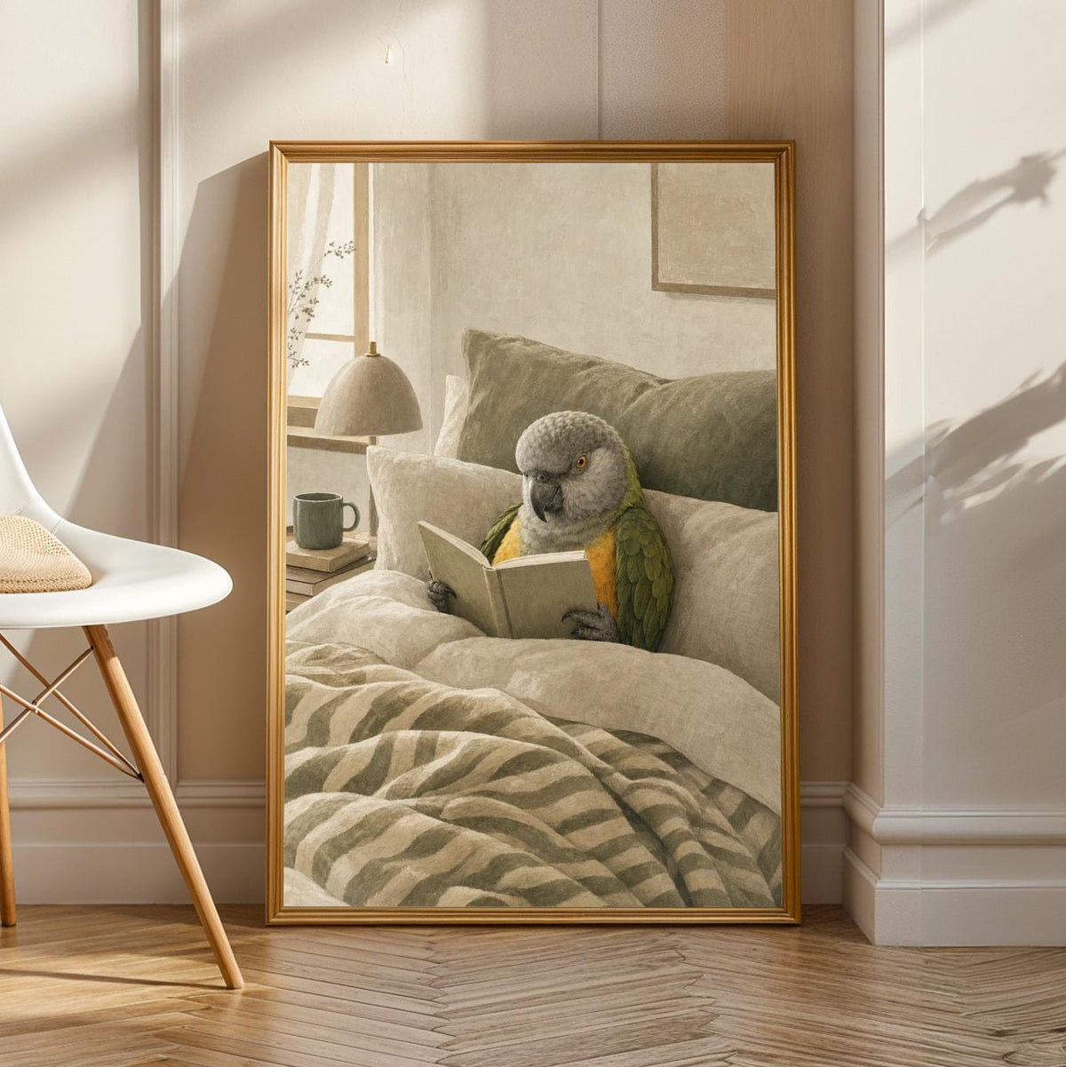 Product view of Senegal Parrot Reading in Bed Poster.