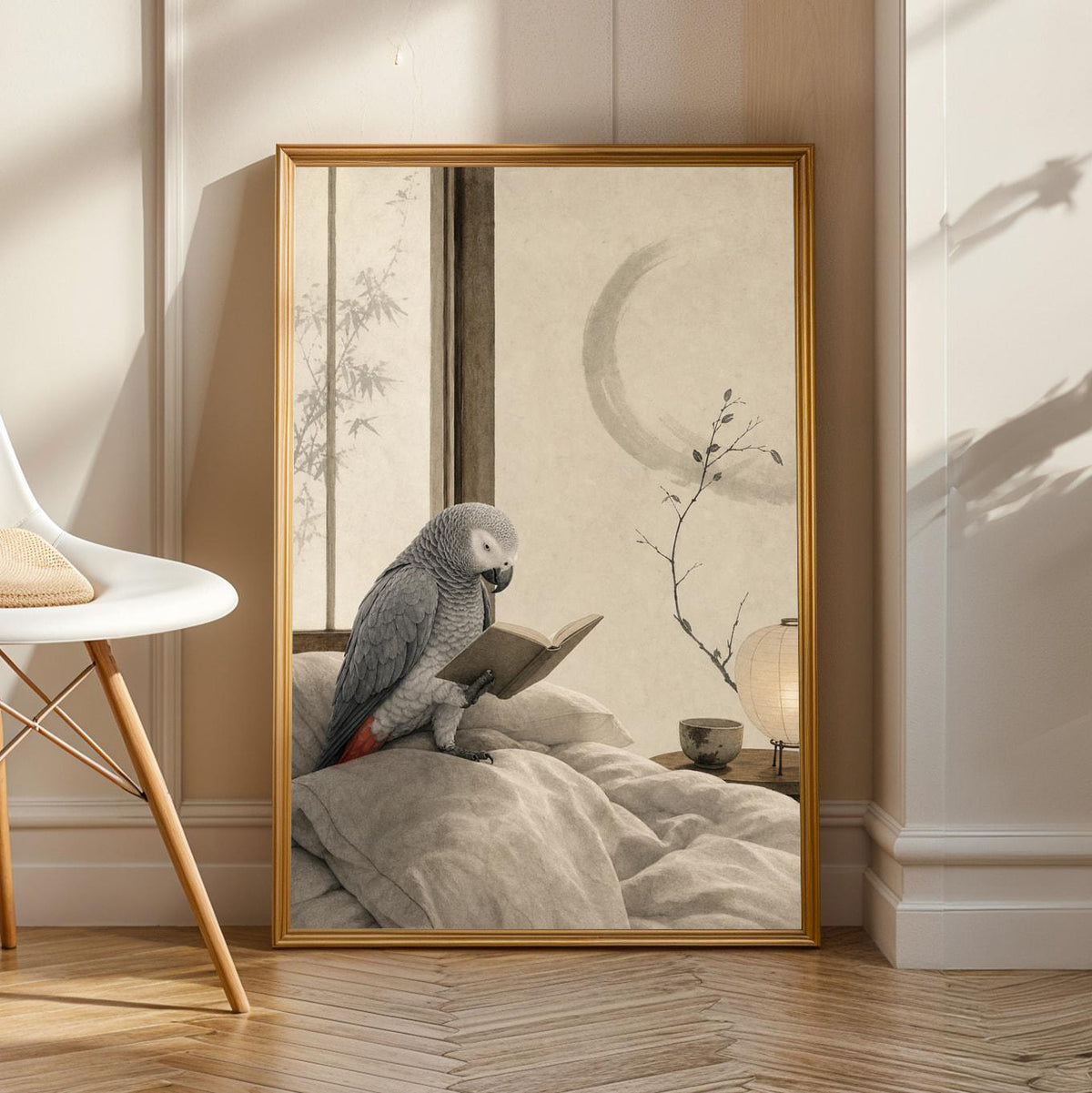 Product view of African Grey Parrot Reading in Bed Poster.