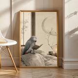 Product view of African Grey Parrot Reading in Bed Poster.
