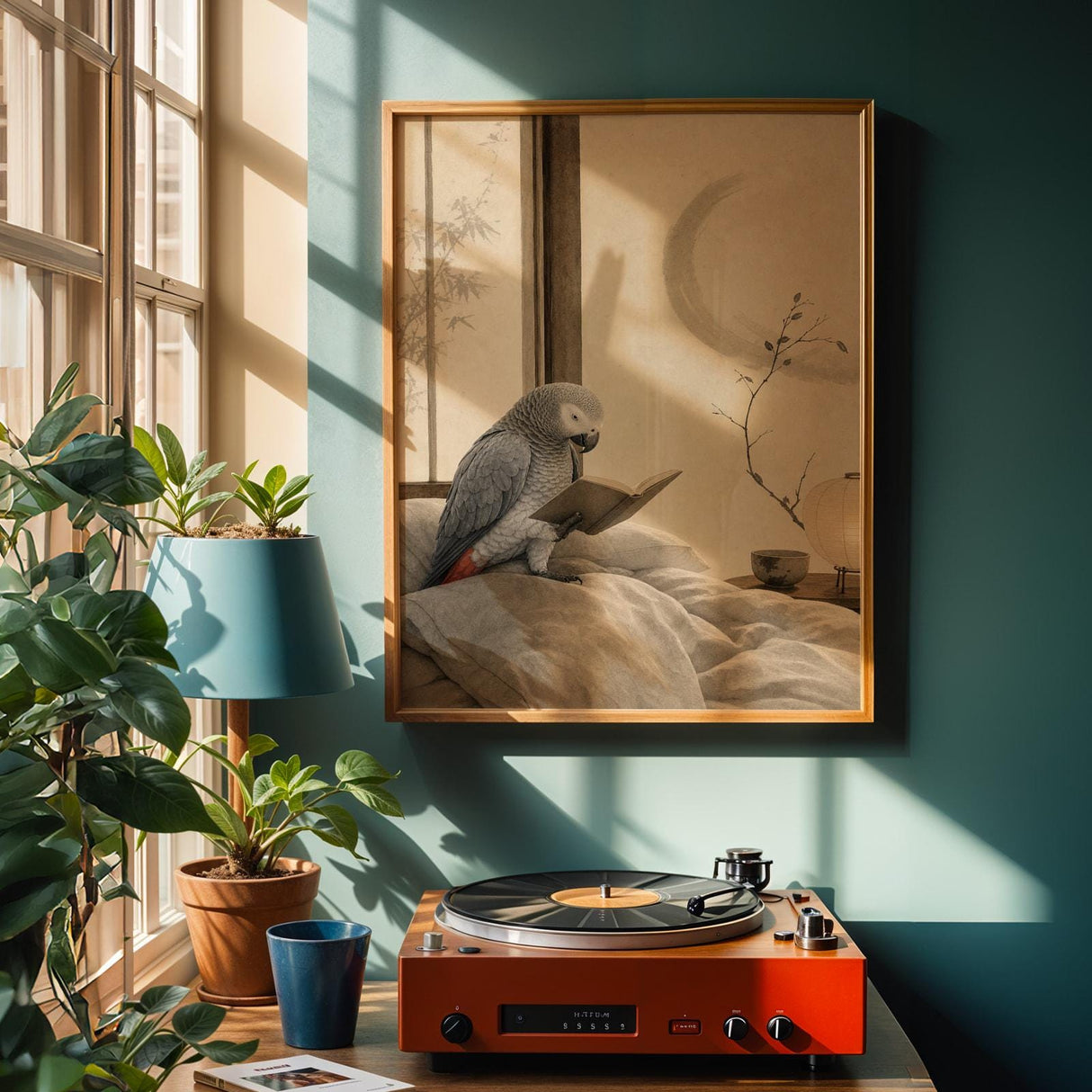 Alternate product view of African Grey Parrot Reading in Bed Poster.