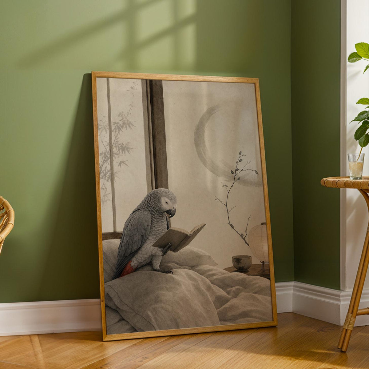 Additional product detail of African Grey Parrot Reading in Bed Poster.