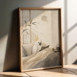 Product presentation view of White Cockatoo Reading in Bed Poster.