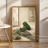 Product view of Eclectus Parrot Reading in Bed Poster.