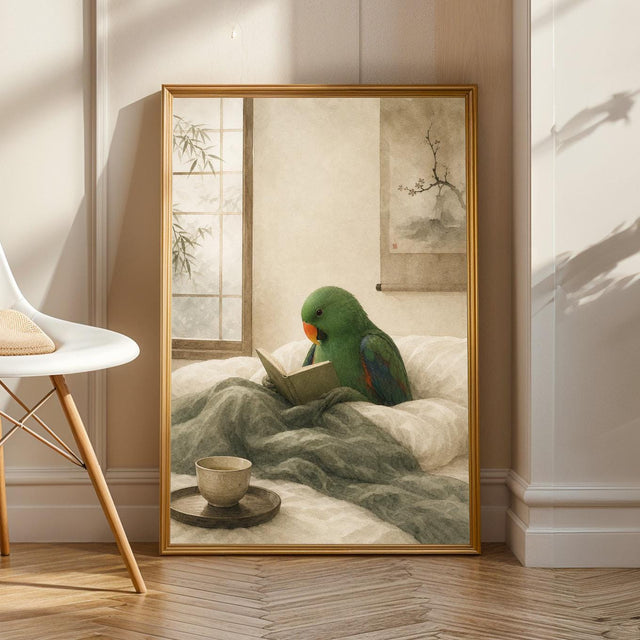 Product view of Eclectus Parrot Reading in Bed Poster.