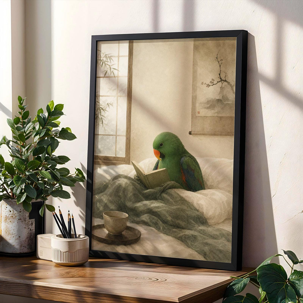 Product gallery view of Eclectus Parrot Reading in Bed Poster.