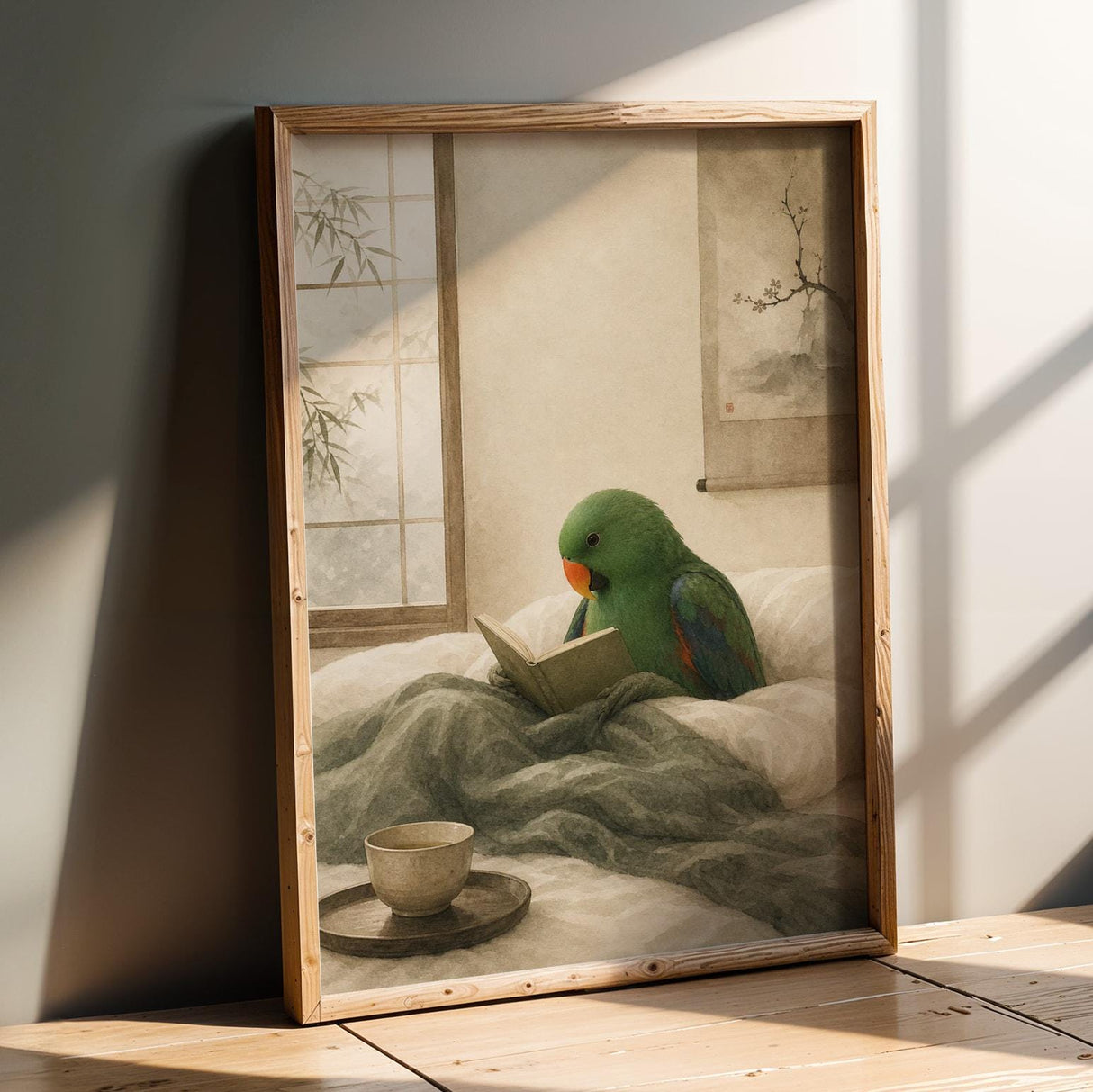 Product presentation view of Eclectus Parrot Reading in Bed Poster.