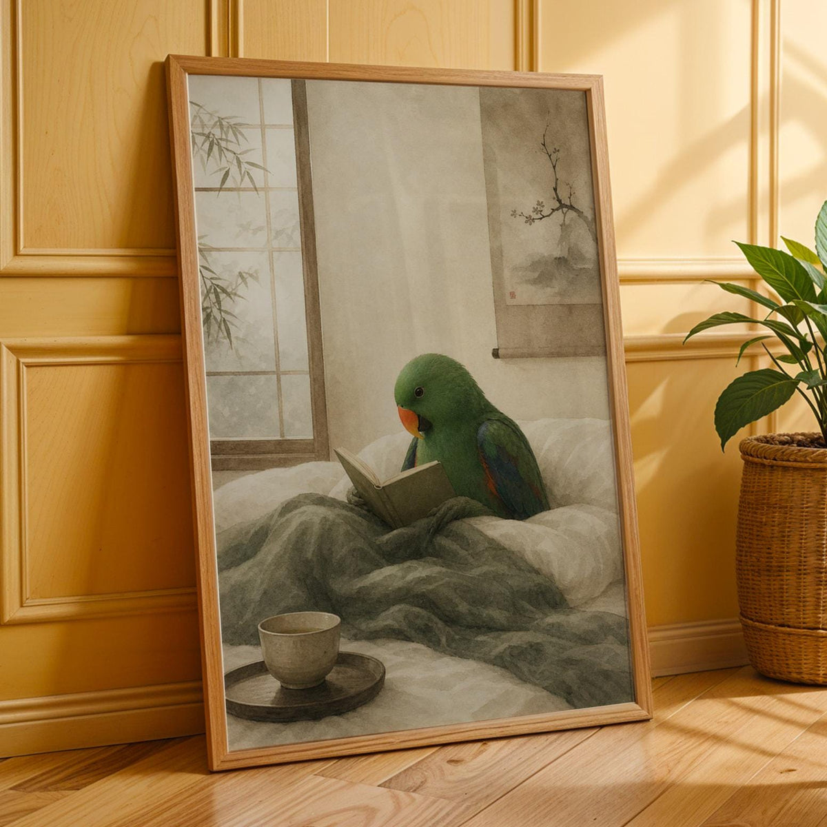 Additional product presentation of Eclectus Parrot Reading in Bed Poster.