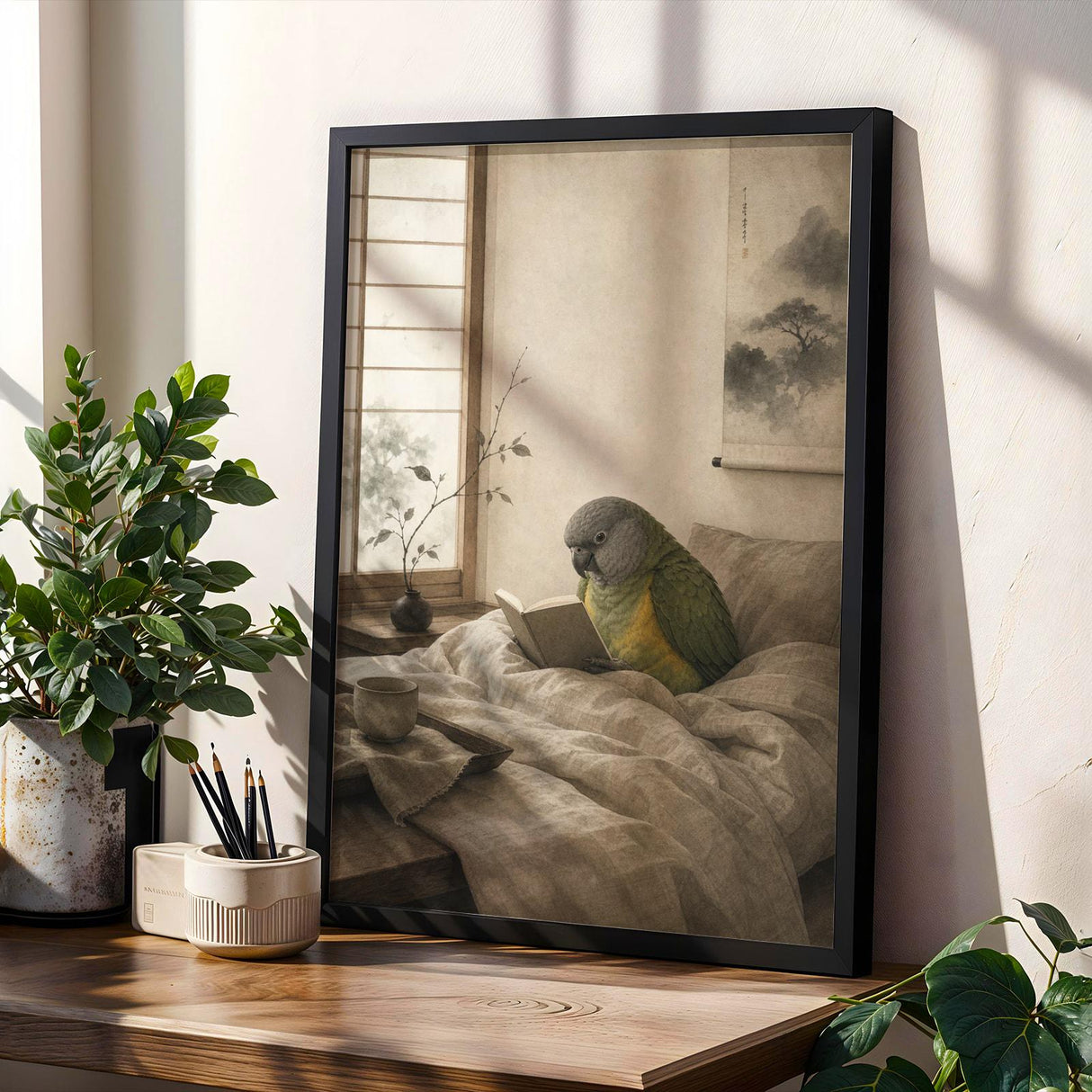 Product gallery view of Senegal Parrot Reading in Bed Poster.
