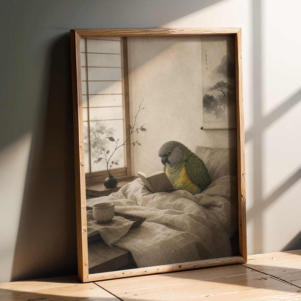 Product presentation view of Senegal Parrot Reading in Bed Poster.